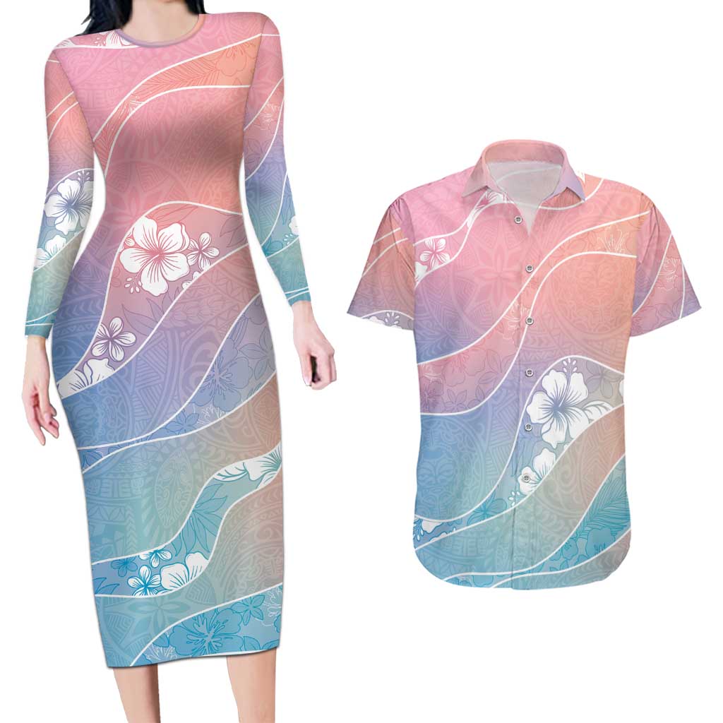 Aloha Hawaii Floral Tapa Couples Matching Long Sleeve Bodycon Dress and Hawaiian Shirt Patchwork Pastel Candy LT7 Pastel - Polynesian Pride