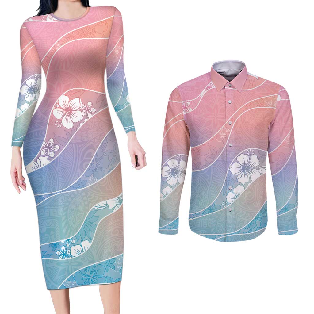 Aloha Hawaii Floral Tapa Couples Matching Long Sleeve Bodycon Dress and Long Sleeve Button Shirt Patchwork Pastel Candy LT7 Pastel - Polynesian Pride