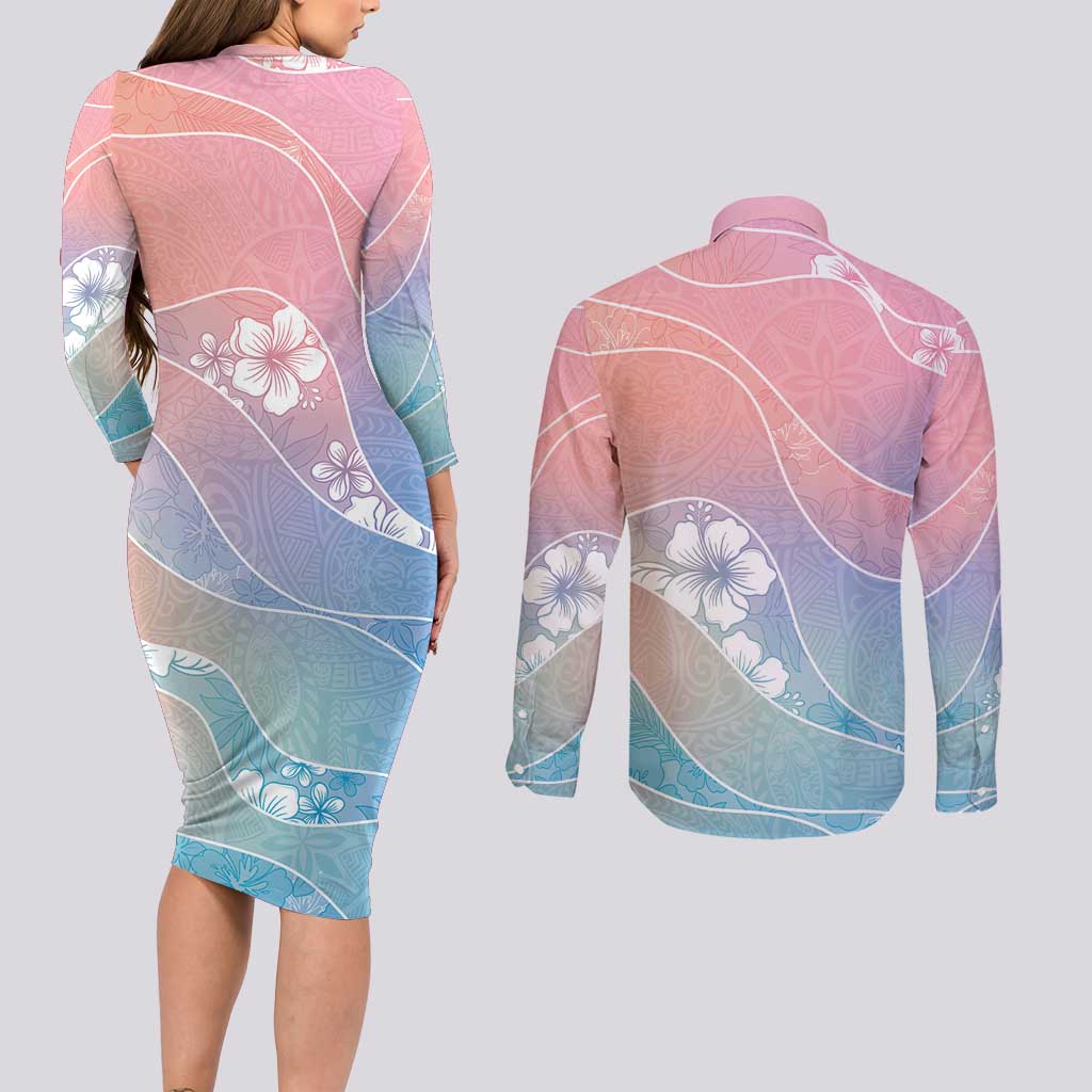 Aloha Hawaii Floral Tapa Couples Matching Long Sleeve Bodycon Dress and Long Sleeve Button Shirt Patchwork Pastel Candy LT7 - Polynesian Pride