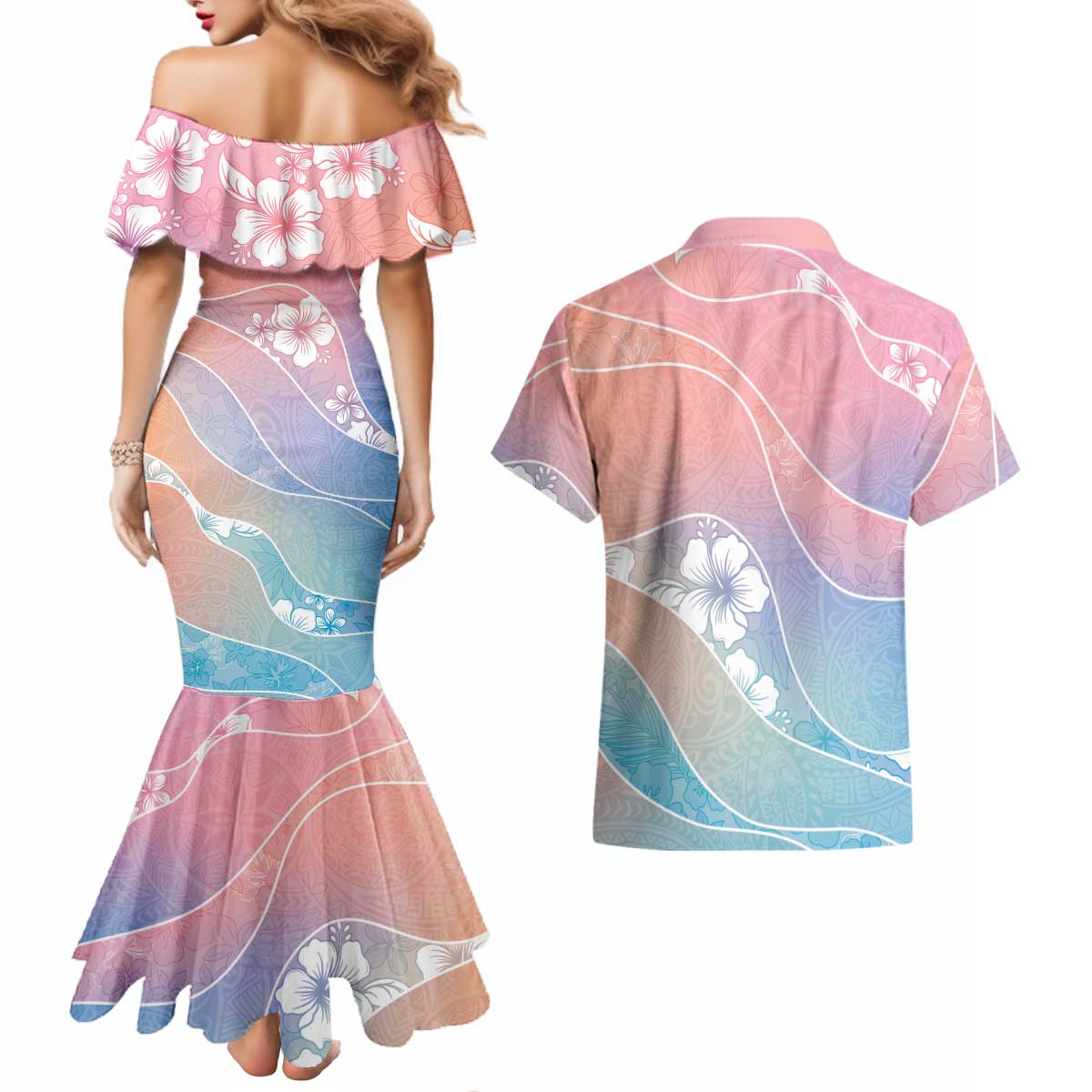 Aloha Hawaii Floral Tapa Couples Matching Mermaid Dress and Hawaiian Shirt Patchwork Pastel Candy LT7 - Polynesian Pride