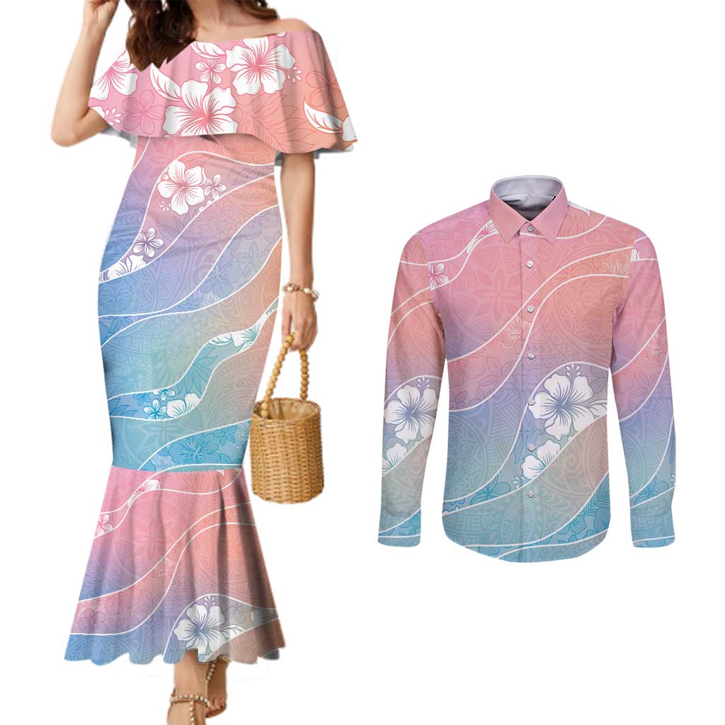 Aloha Hawaii Floral Tapa Couples Matching Mermaid Dress and Long Sleeve Button Shirt Patchwork Pastel Candy LT7 Pastel - Polynesian Pride