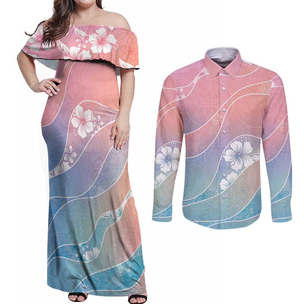 Aloha Hawaii Floral Tapa Couples Matching Off Shoulder Maxi Dress and Long Sleeve Button Shirt Patchwork Pastel Candy LT7 Pastel - Polynesian Pride