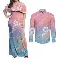 Aloha Hawaii Floral Tapa Couples Matching Off Shoulder Maxi Dress and Long Sleeve Button Shirt Patchwork Pastel Candy LT7 Pastel - Polynesian Pride