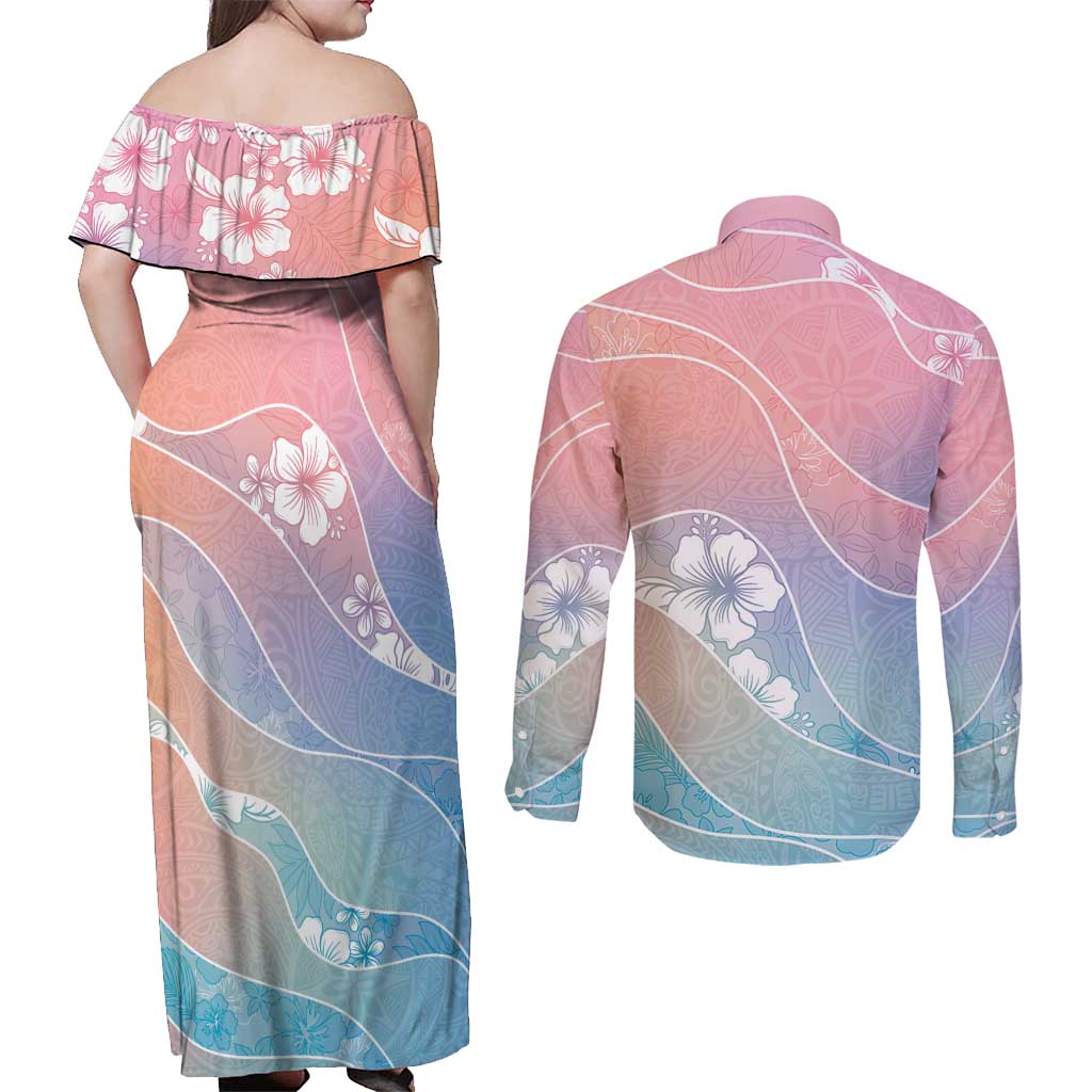 Aloha Hawaii Floral Tapa Couples Matching Off Shoulder Maxi Dress and Long Sleeve Button Shirt Patchwork Pastel Candy LT7 - Polynesian Pride