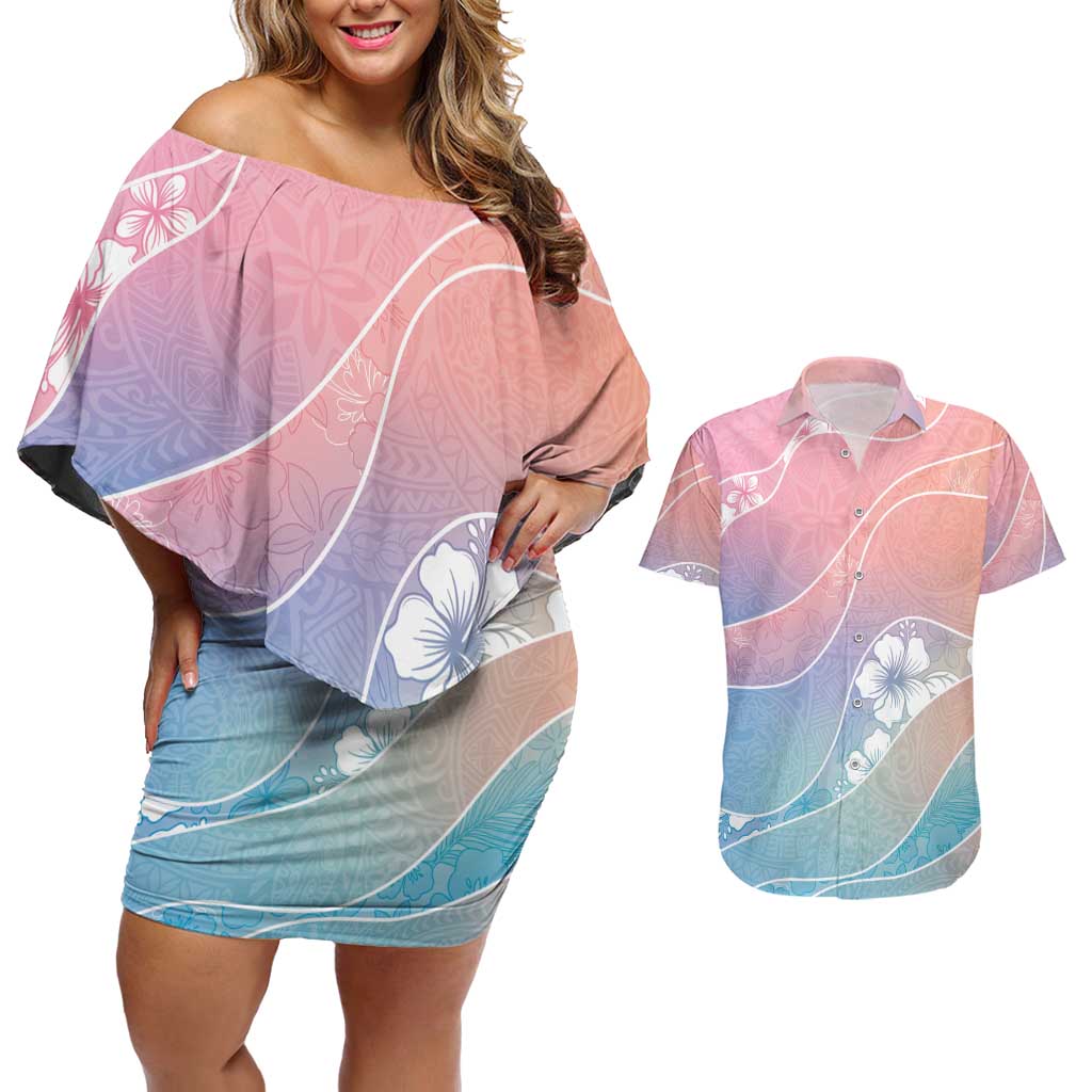 Aloha Hawaii Floral Tapa Couples Matching Off Shoulder Short Dress and Hawaiian Shirt Patchwork Pastel Candy LT7 Pastel - Polynesian Pride