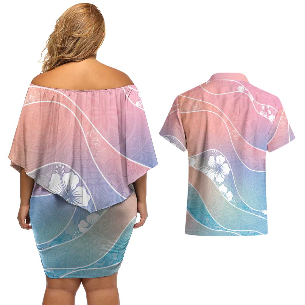 Aloha Hawaii Floral Tapa Couples Matching Off Shoulder Short Dress and Hawaiian Shirt Patchwork Pastel Candy LT7 - Polynesian Pride