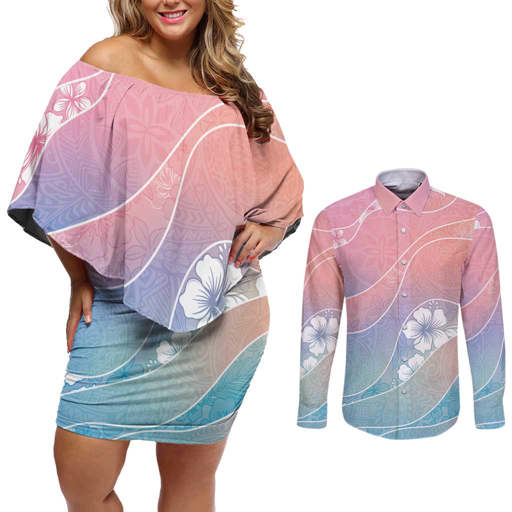 Aloha Hawaii Floral Tapa Couples Matching Off Shoulder Short Dress and Long Sleeve Button Shirt Patchwork Pastel Candy LT7 Pastel - Polynesian Pride