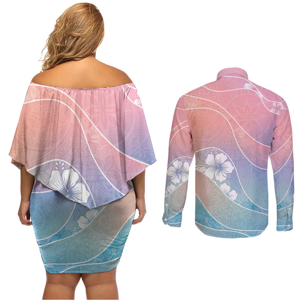 Aloha Hawaii Floral Tapa Couples Matching Off Shoulder Short Dress and Long Sleeve Button Shirt Patchwork Pastel Candy LT7 - Polynesian Pride