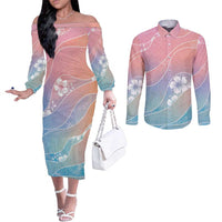 Aloha Hawaii Floral Tapa Couples Matching Off The Shoulder Long Sleeve Dress and Long Sleeve Button Shirt Patchwork Pastel Candy LT7 Pastel - Polynesian Pride