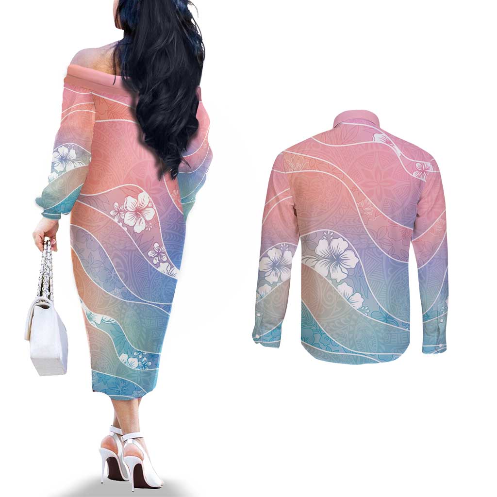 Aloha Hawaii Floral Tapa Couples Matching Off The Shoulder Long Sleeve Dress and Long Sleeve Button Shirt Patchwork Pastel Candy LT7 - Polynesian Pride