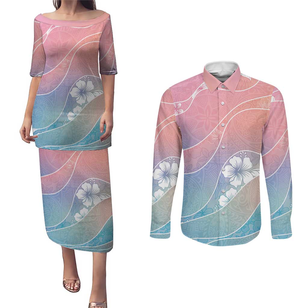 Aloha Hawaii Floral Tapa Couples Matching Puletasi and Long Sleeve Button Shirt Patchwork Pastel Candy LT7 Pastel - Polynesian Pride
