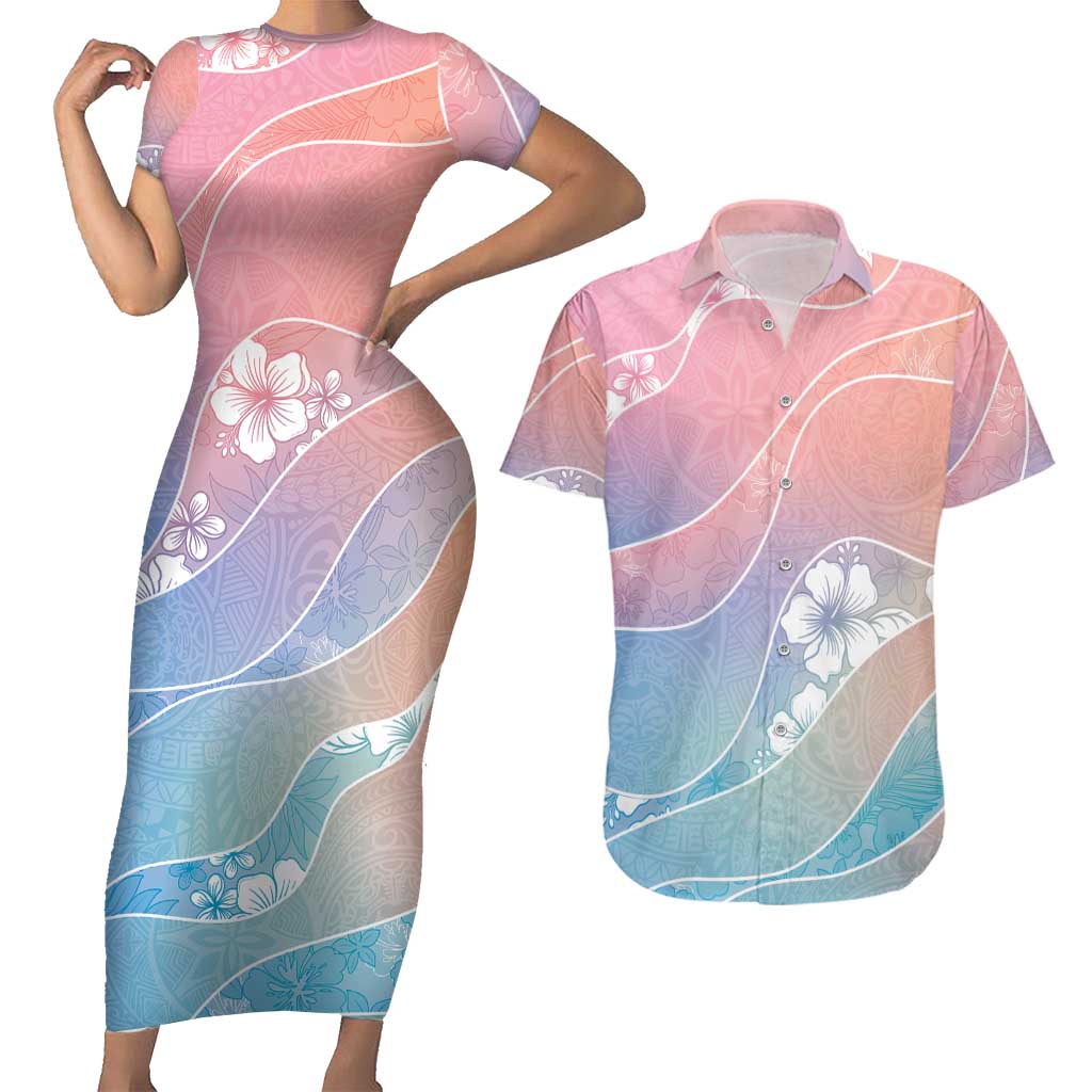 Aloha Hawaii Floral Tapa Couples Matching Short Sleeve Bodycon Dress and Hawaiian Shirt Patchwork Pastel Candy LT7 Pastel - Polynesian Pride