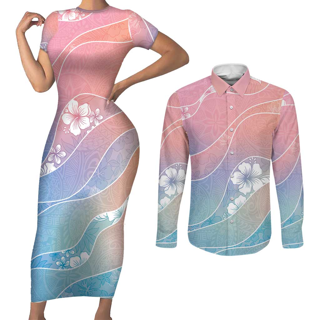Aloha Hawaii Floral Tapa Couples Matching Short Sleeve Bodycon Dress and Long Sleeve Button Shirt Patchwork Pastel Candy LT7 Pastel - Polynesian Pride