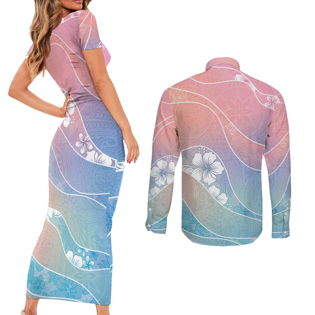 Aloha Hawaii Floral Tapa Couples Matching Short Sleeve Bodycon Dress and Long Sleeve Button Shirt Patchwork Pastel Candy LT7 - Polynesian Pride