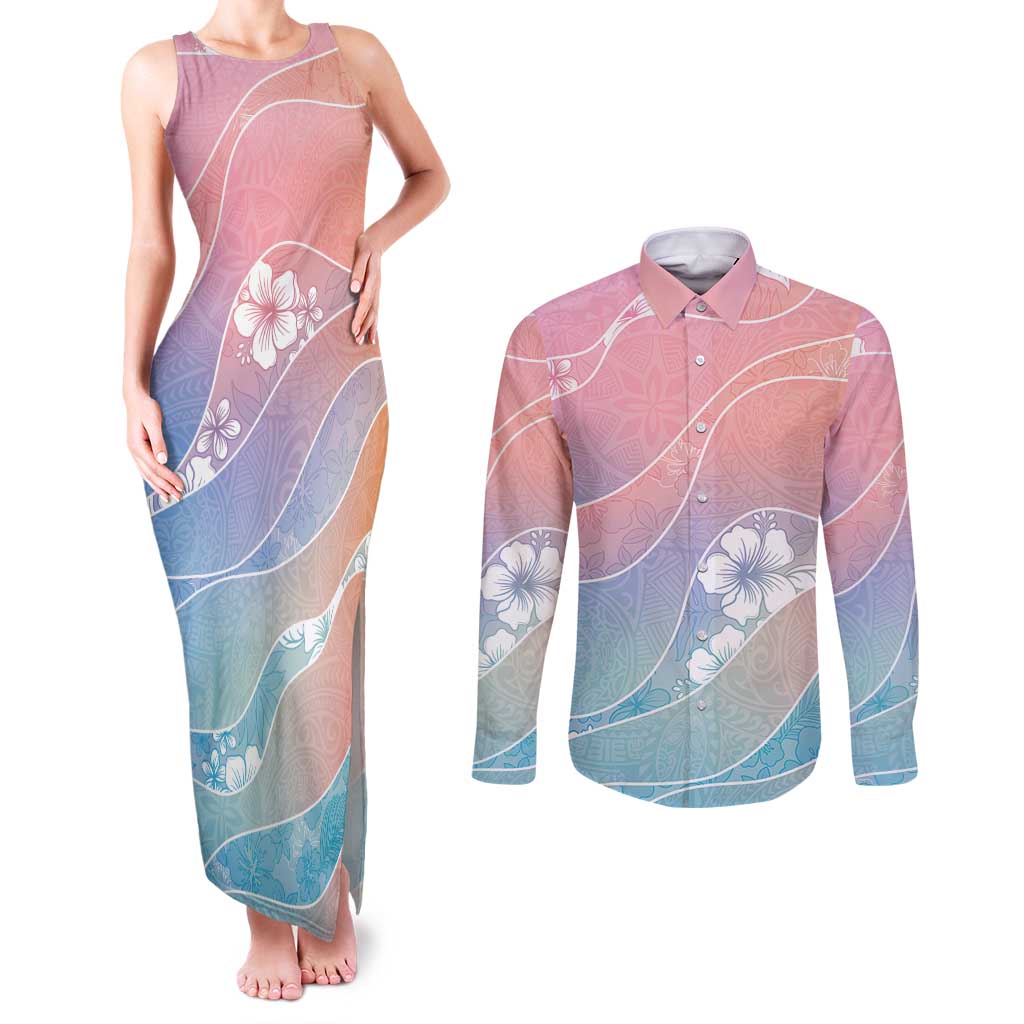 Aloha Hawaii Floral Tapa Couples Matching Tank Maxi Dress and Long Sleeve Button Shirt Patchwork Pastel Candy LT7 Pastel - Polynesian Pride