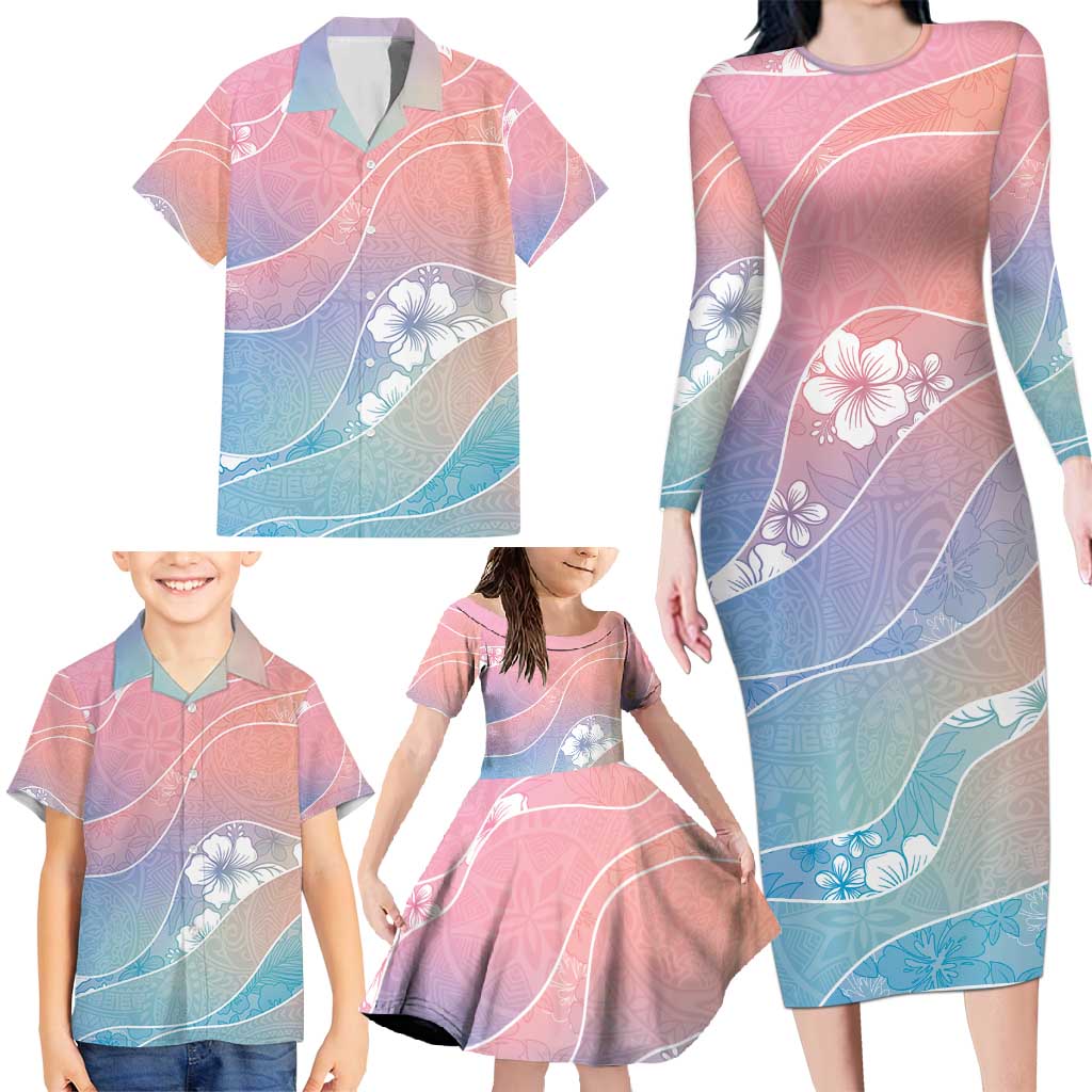 Aloha Hawaii Floral Tapa Family Matching Long Sleeve Bodycon Dress and Hawaiian Shirt Patchwork Pastel Candy - Polynesian Pride