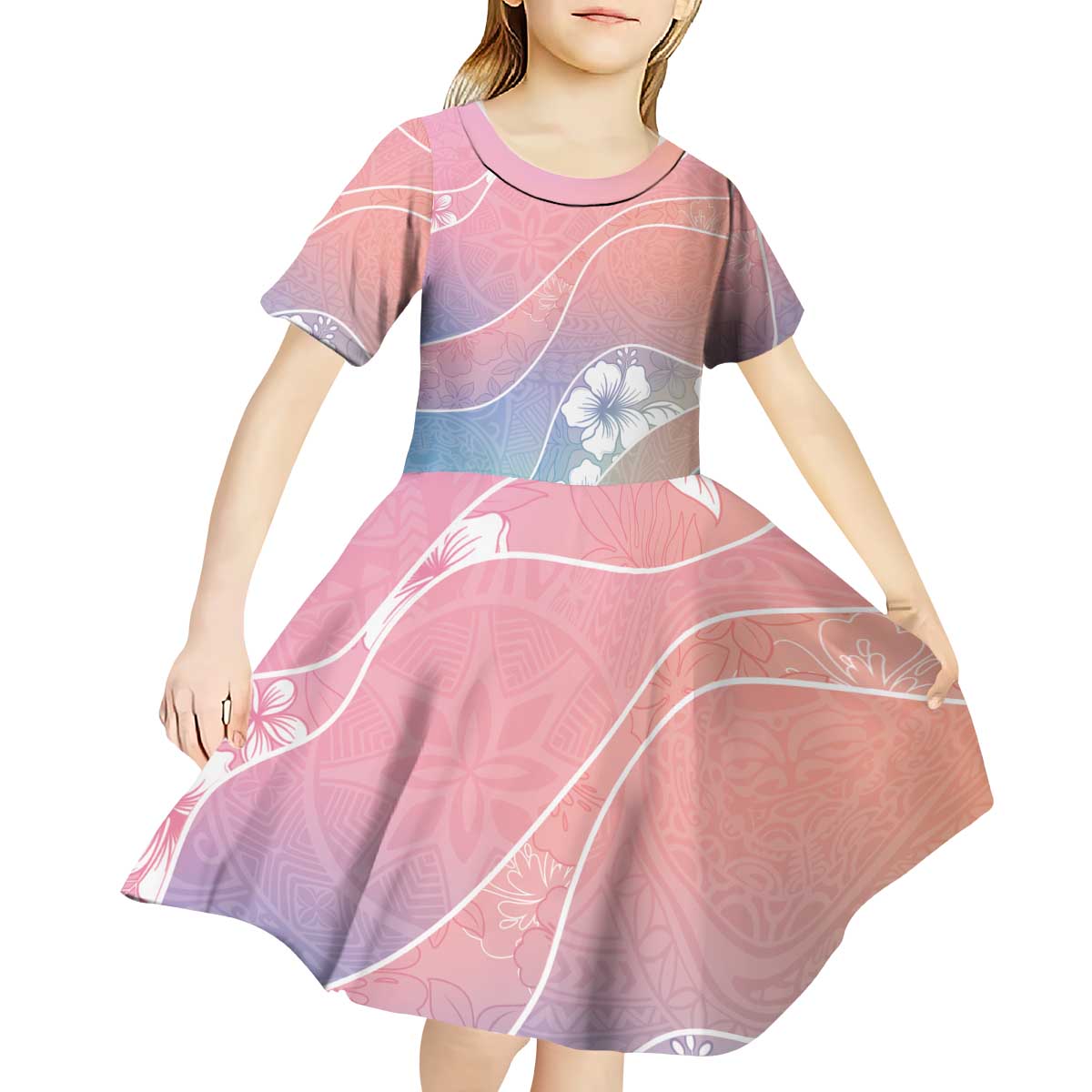 Aloha Hawaii Floral Tapa Kid Short Sleeve Dress Patchwork Pastel Candy LT7 - Polynesian Pride
