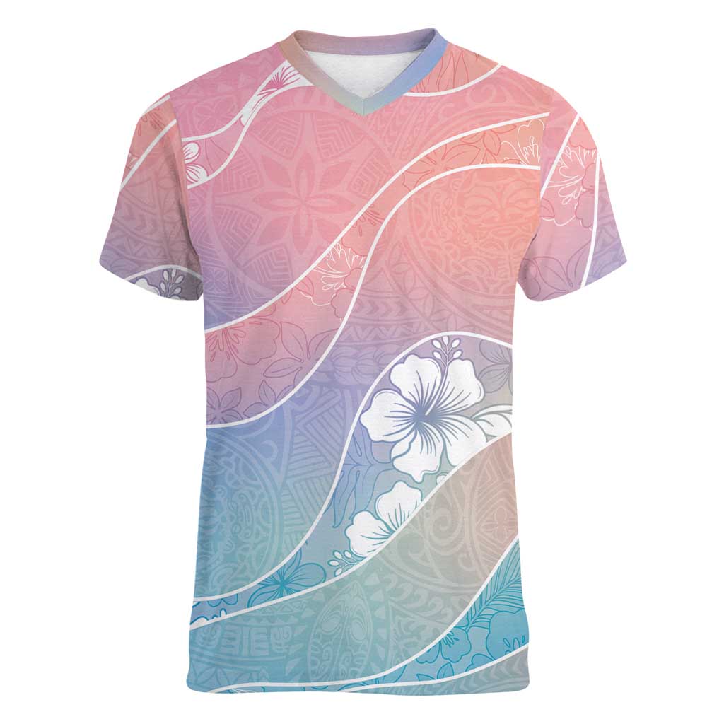 Aloha Hawaii Floral Tapa Women V-Neck T-Shirt Patchwork Pastel Candy LT7 Female Pastel - Polynesian Pride
