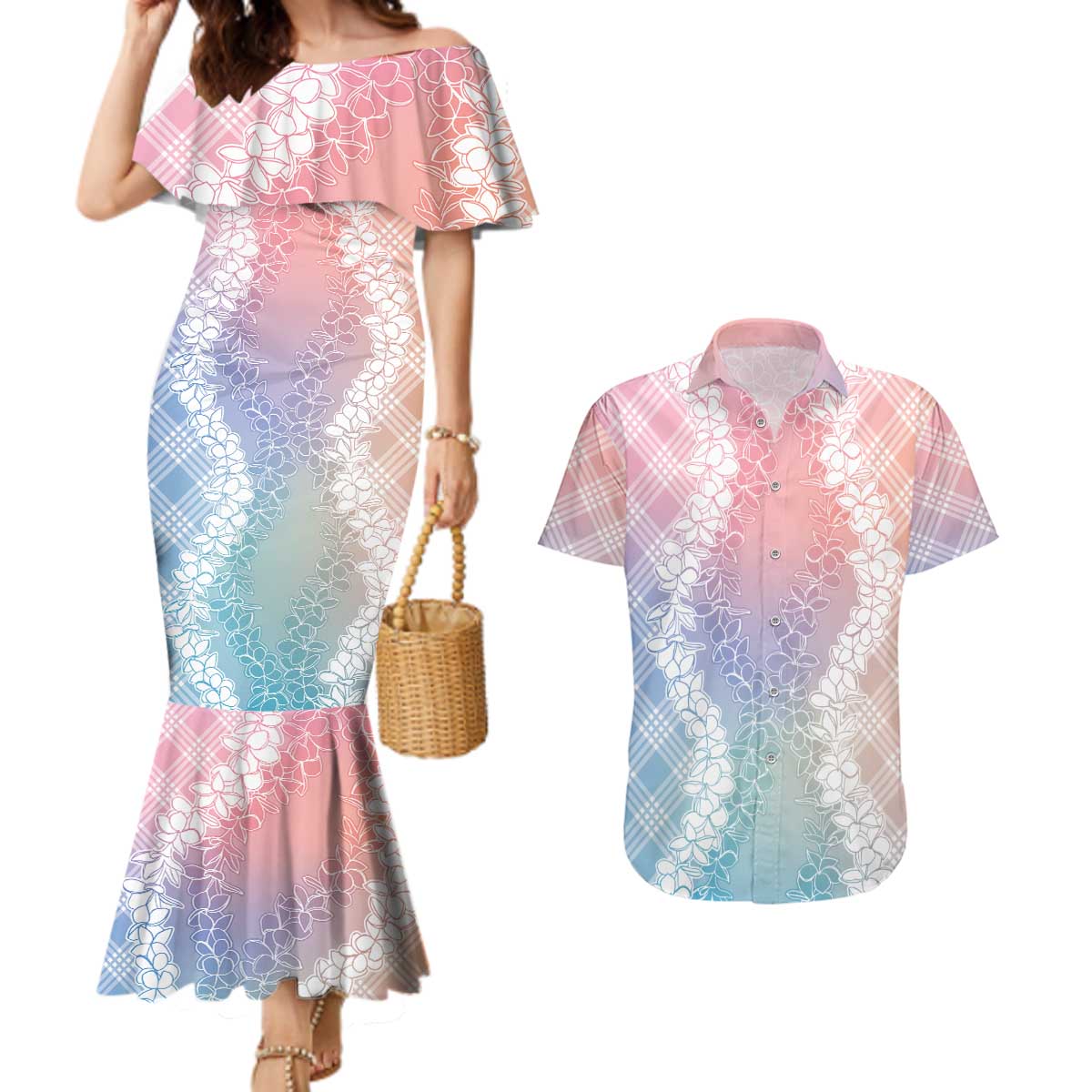 Hawaii Aloha Plumeria Lei Pastel Candy Palaka Couples Matching Mermaid Dress and Hawaiian Shirt LT7 Pastel - Polynesian Pride