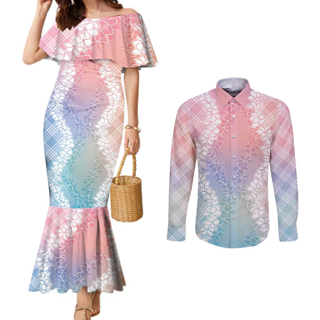 Hawaii Aloha Plumeria Lei Pastel Candy Palaka Couples Matching Mermaid Dress and Long Sleeve Button Shirt LT7 Pastel - Polynesian Pride
