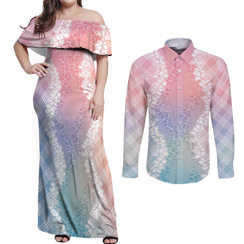 Hawaii Aloha Plumeria Lei Pastel Candy Palaka Couples Matching Off Shoulder Maxi Dress and Long Sleeve Button Shirt LT7 Pastel - Polynesian Pride