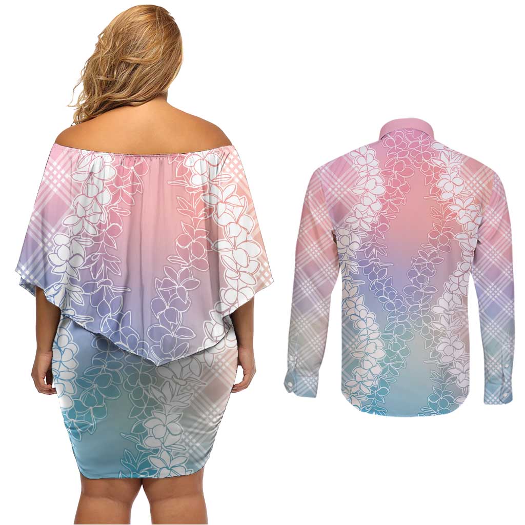 Hawaii Aloha Plumeria Lei Pastel Candy Palaka Couples Matching Off Shoulder Short Dress and Long Sleeve Button Shirt LT7 - Polynesian Pride