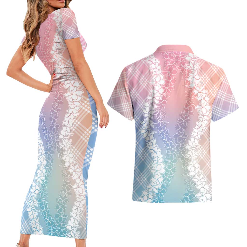 Hawaii Aloha Plumeria Lei Pastel Candy Palaka Couples Matching Short Sleeve Bodycon Dress and Hawaiian Shirt - Polynesian Pride