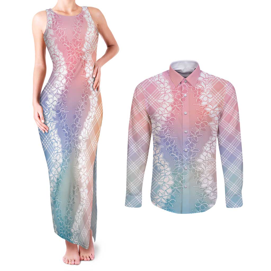 Hawaii Aloha Plumeria Lei Pastel Candy Palaka Couples Matching Tank Maxi Dress and Long Sleeve Button Shirt LT7 Pastel - Polynesian Pride