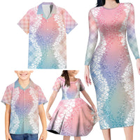 Hawaii Aloha Plumeria Lei Pastel Candy Palaka Family Matching Long Sleeve Bodycon Dress and Hawaiian Shirt - Polynesian Pride