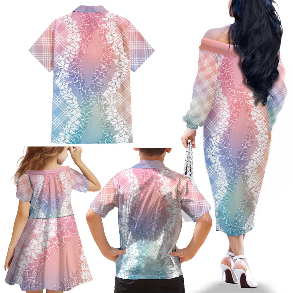 Hawaii Aloha Plumeria Lei Pastel Candy Palaka Family Matching Off The Shoulder Long Sleeve Dress and Hawaiian Shirt - Polynesian Pride