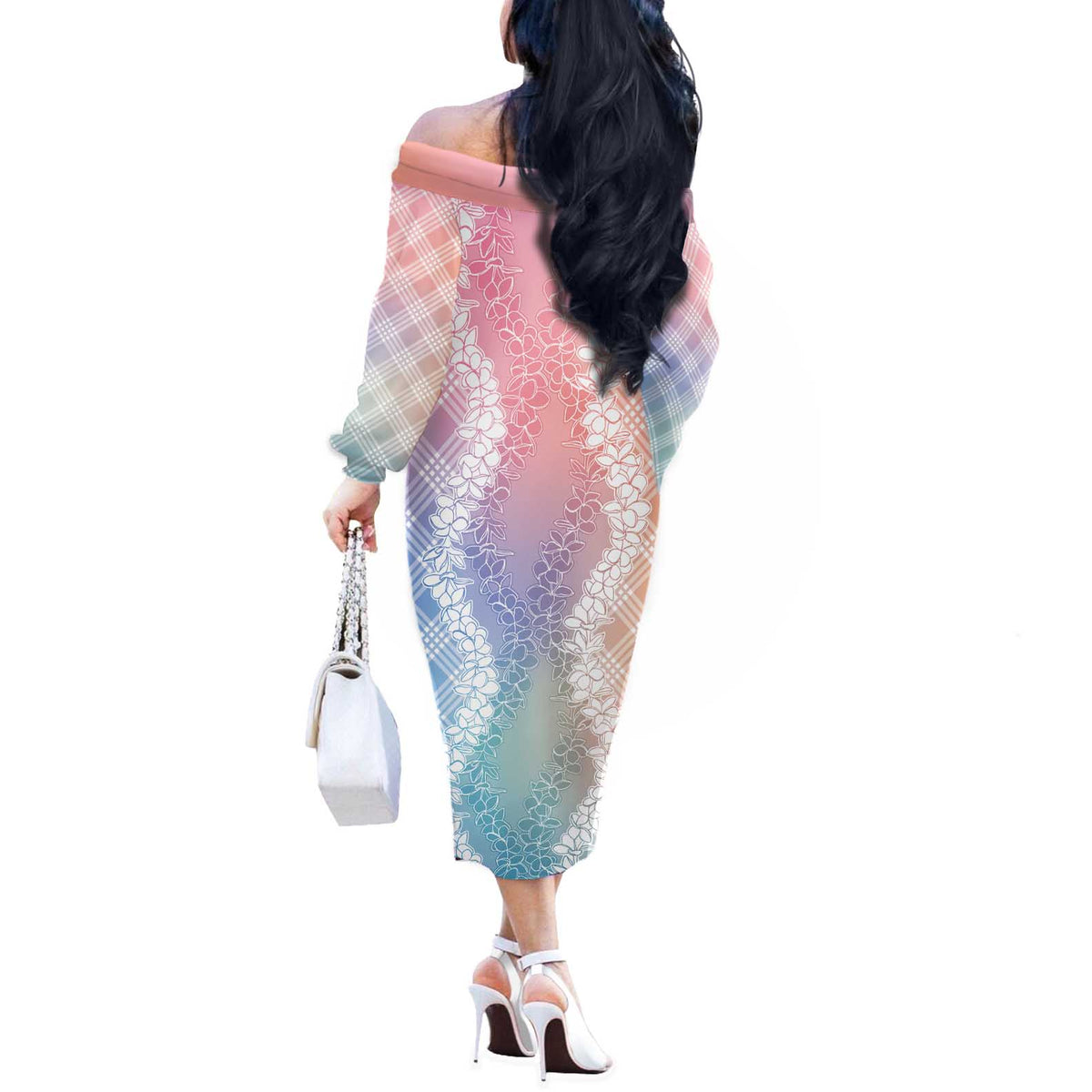 Hawaii Aloha Plumeria Lei Pastel Candy Palaka Off The Shoulder Long Sleeve Dress - Polynesian Pride