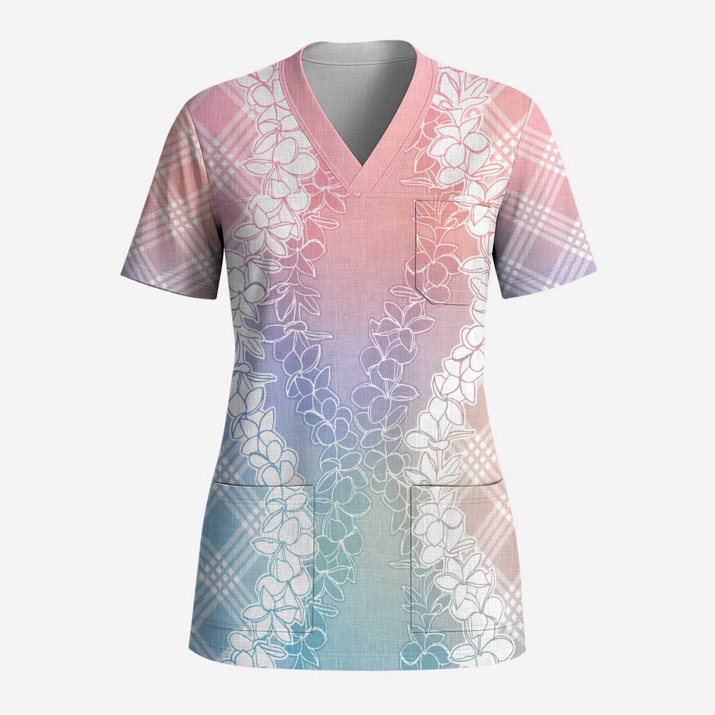 Hawaii Aloha Plumeria Lei Pastel Candy Palaka Scrub Top LT7 Adult Pastel - Polynesian Pride