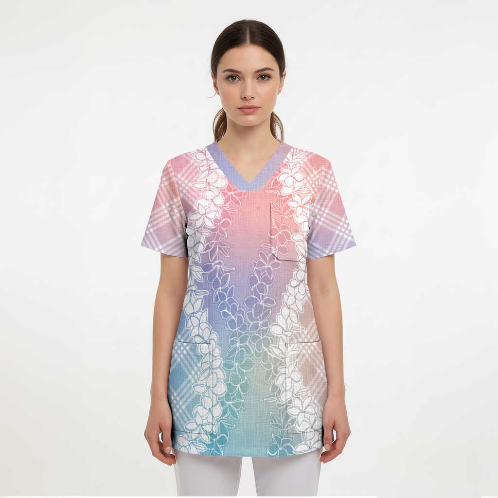 Hawaii Aloha Plumeria Lei Pastel Candy Palaka Scrub Top LT7 - Polynesian Pride