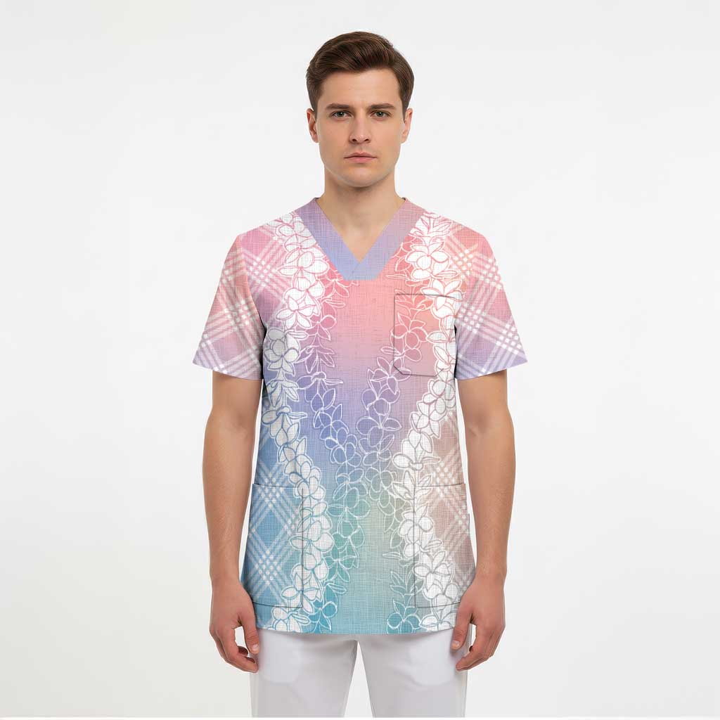 Hawaii Aloha Plumeria Lei Pastel Candy Palaka Scrub Top LT7 - Polynesian Pride