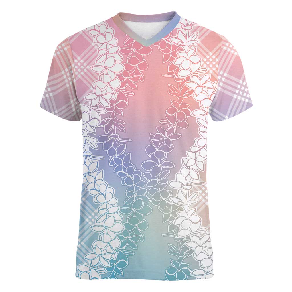 Hawaii Aloha Plumeria Lei Pastel Candy Palaka Women V-Neck T-Shirt LT7 Female Pastel - Polynesian Pride