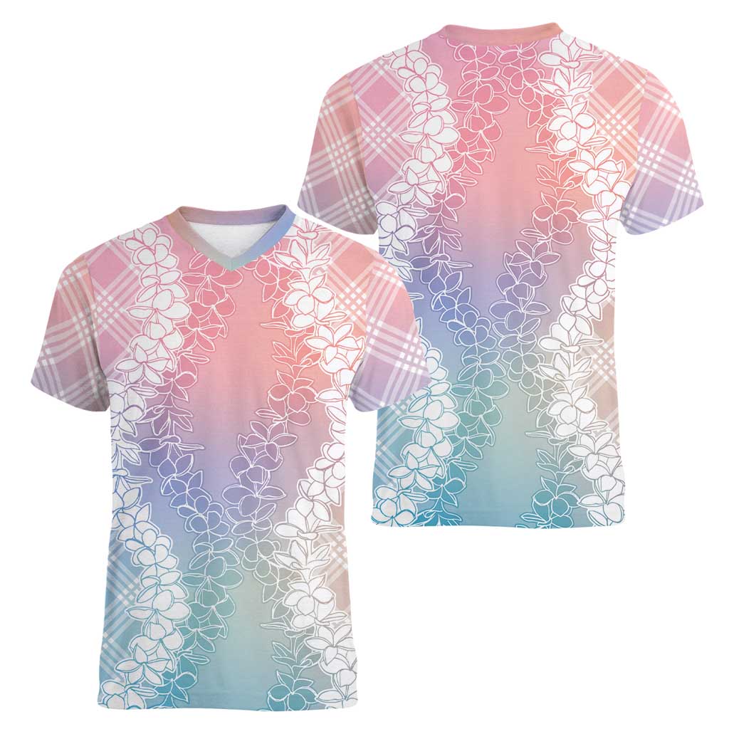 Hawaii Aloha Plumeria Lei Pastel Candy Palaka Women V-Neck T-Shirt LT7 - Polynesian Pride
