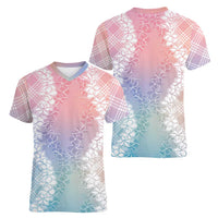 Hawaii Aloha Plumeria Lei Pastel Candy Palaka Women V-Neck T-Shirt LT7 - Polynesian Pride