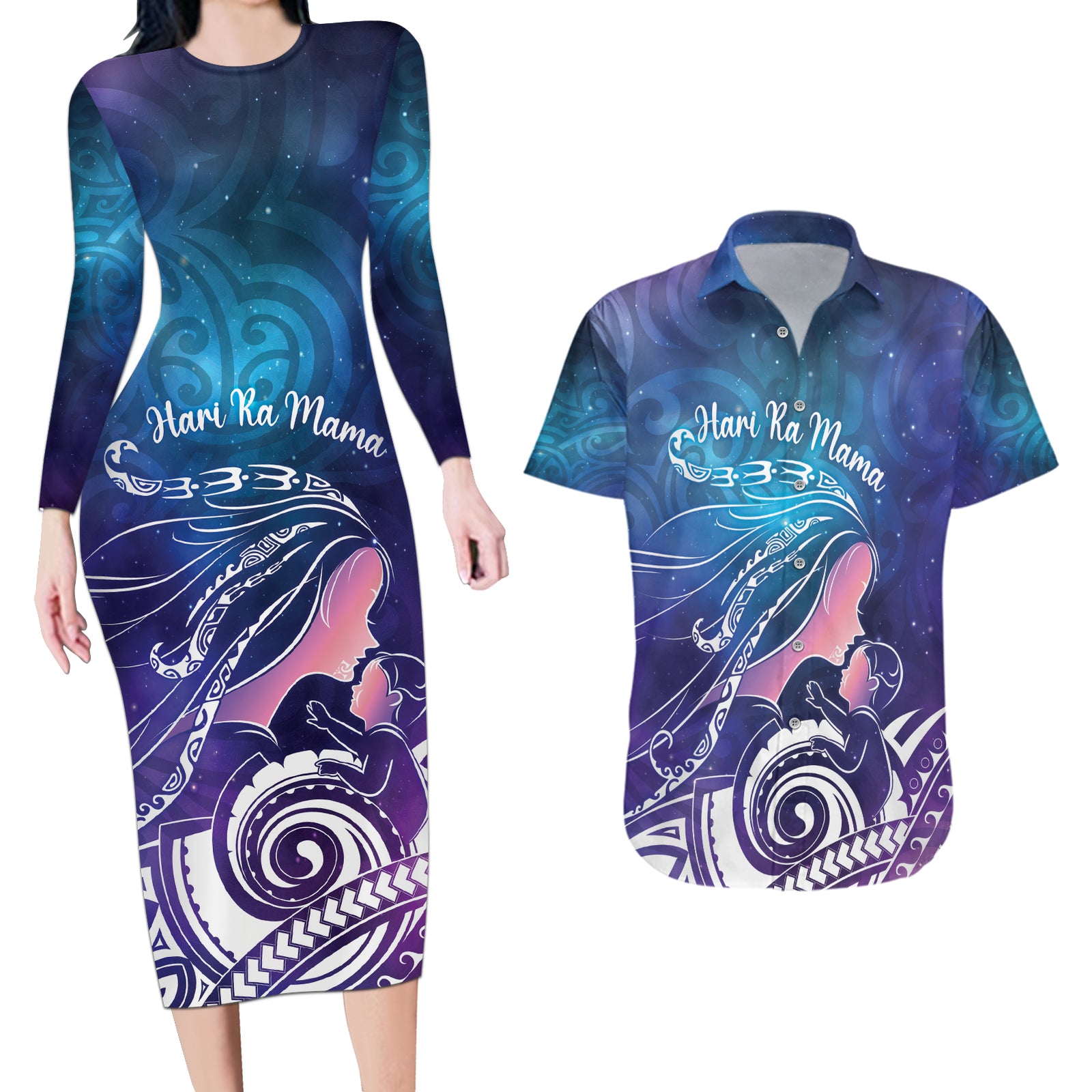 New Zealand Mother's Day Couples Matching Long Sleeve Bodycon Dress and Hawaiian Shirt Maori Hari Ra Mama LT7 Galaxy - Polynesian Pride