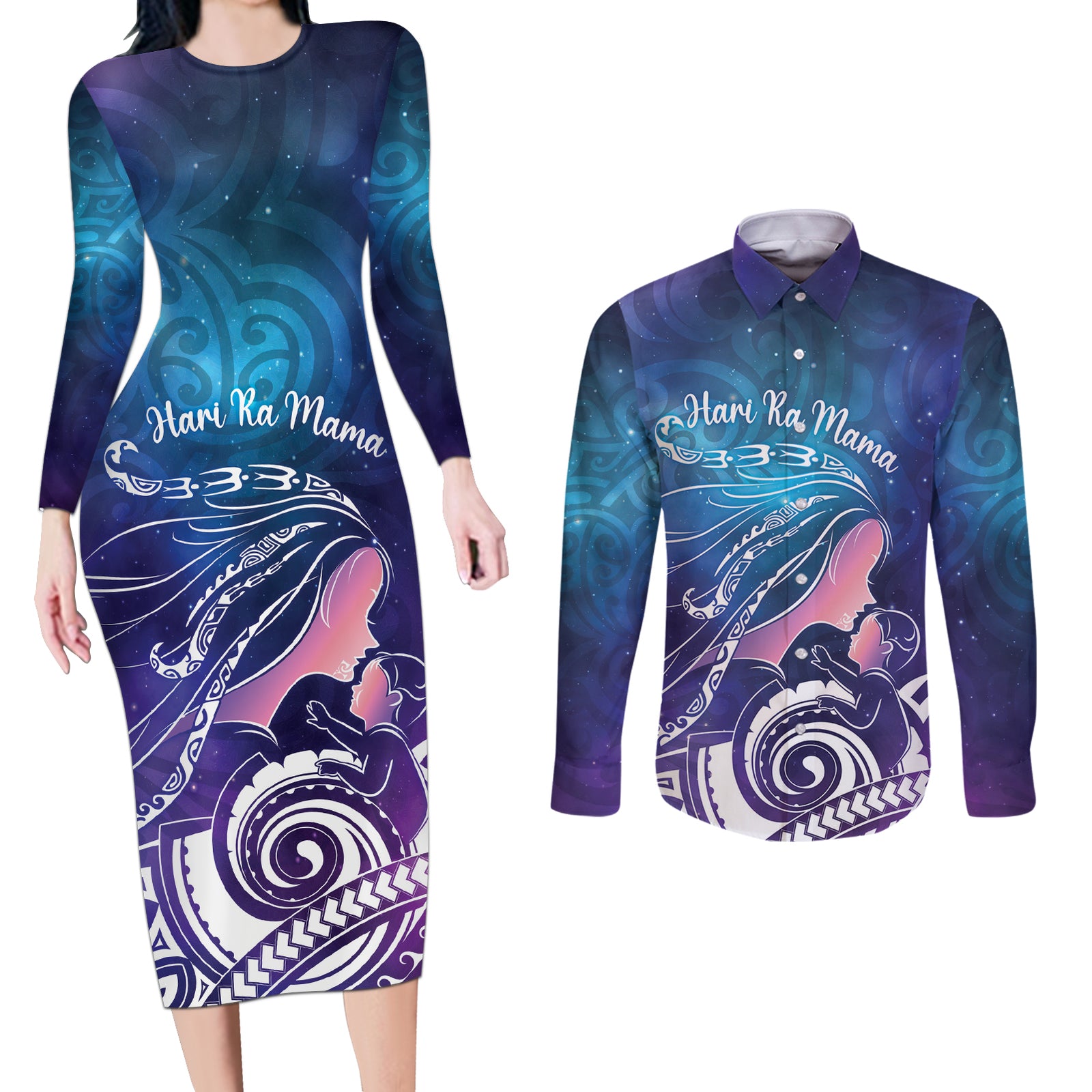 New Zealand Mother's Day Couples Matching Long Sleeve Bodycon Dress and Long Sleeve Button Shirt Maori Hari Ra Mama LT7 Galaxy - Polynesian Pride