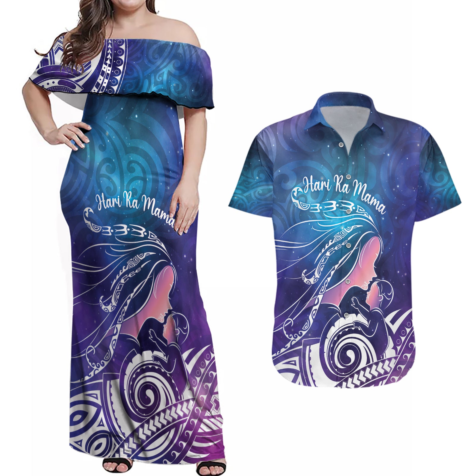 New Zealand Mother's Day Couples Matching Off Shoulder Maxi Dress and Hawaiian Shirt Maori Hari Ra Mama