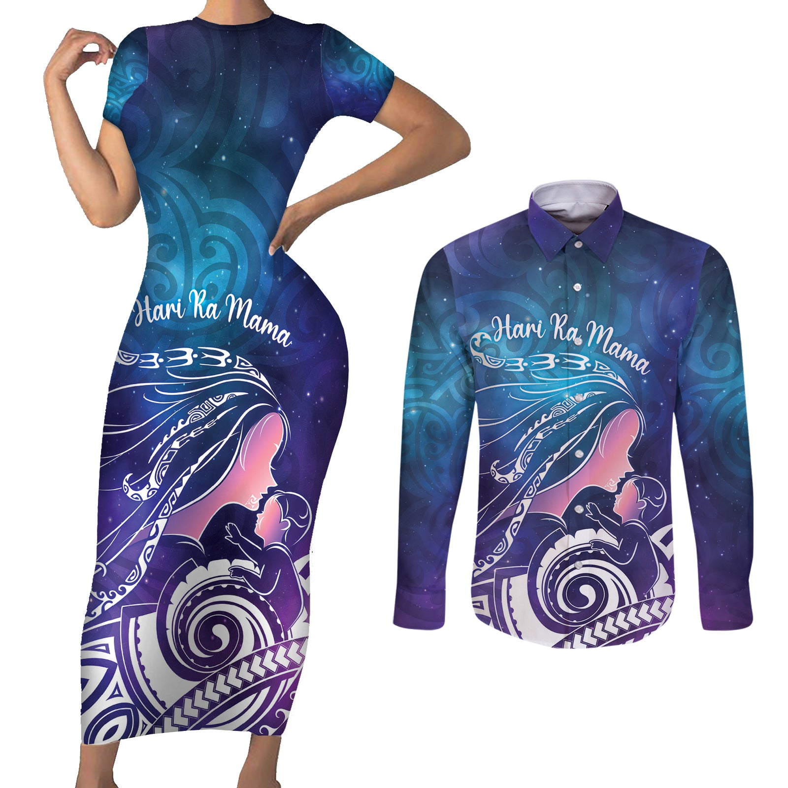 New Zealand Mother's Day Couples Matching Short Sleeve Bodycon Dress and Long Sleeve Button Shirt Maori Hari Ra Mama LT7 Galaxy - Polynesian Pride