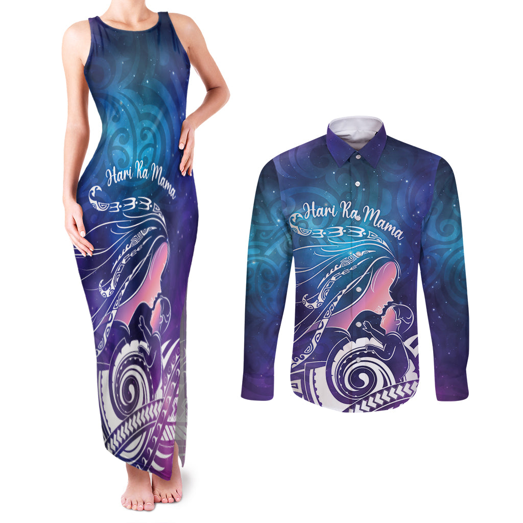 New Zealand Mother's Day Couples Matching Tank Maxi Dress and Long Sleeve Button Shirt Maori Hari Ra Mama LT7 Galaxy - Polynesian Pride