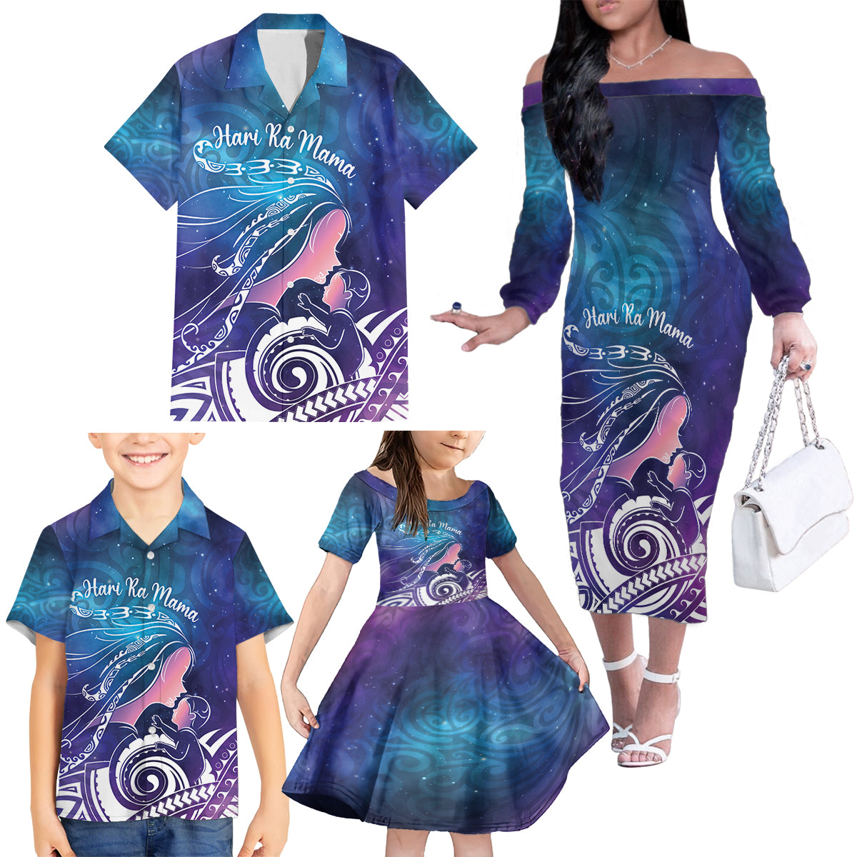 New Zealand Mother's Day Family Matching Off The Shoulder Long Sleeve Dress and Hawaiian Shirt Maori Hari Ra Mama LT7 - Polynesian Pride