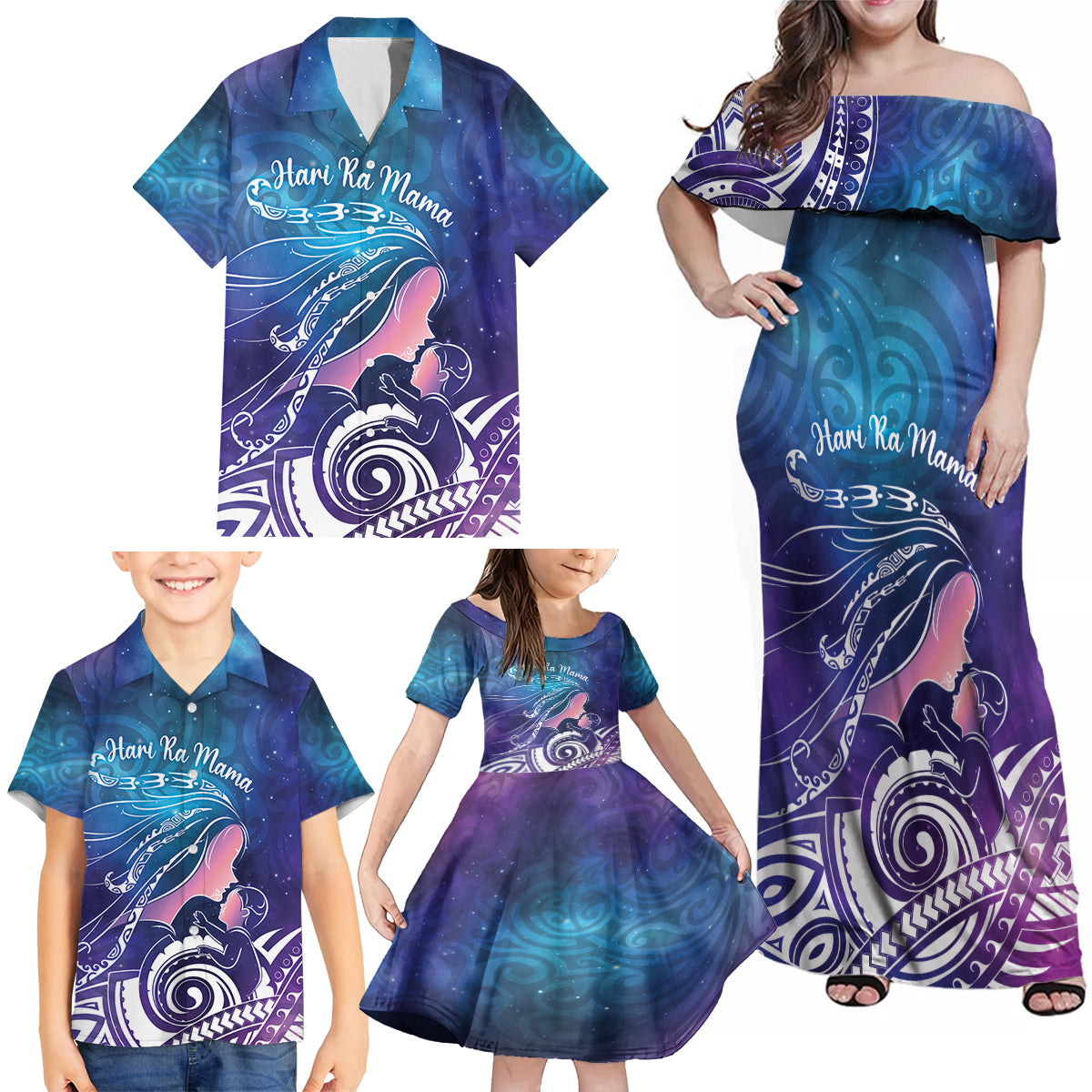 New Zealand Mother's Day Family Matching Off Shoulder Maxi Dress and Hawaiian Shirt Maori Hari Ra Mama