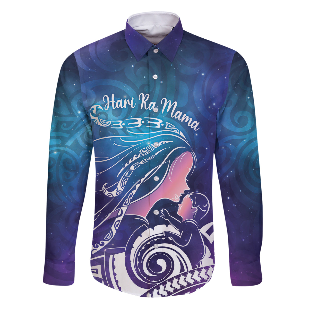 New Zealand Mother's Day Family Matching Puletasi and Hawaiian Shirt Maori Hari Ra Mama LT7 Dad's Shirt - Long Sleeve Galaxy - Polynesian Pride