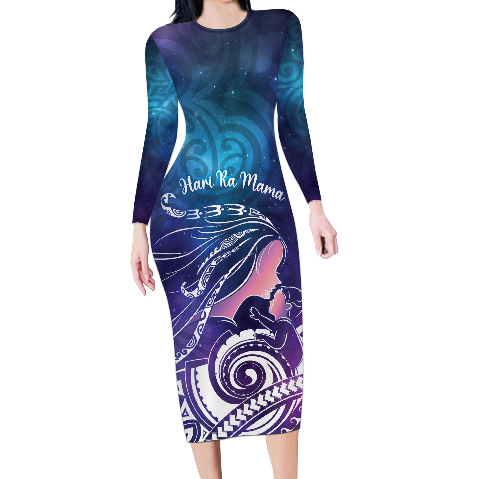 New Zealand Mother's Day Long Sleeve Bodycon Dress Maori Hari Ra Mama