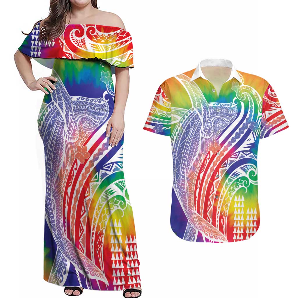 Aloha Pride Rainbow Tie Dye Couples Matching Off Shoulder Maxi Dress and Hawaiian Shirt Humpback Whale - Love is Love LT7 Colorful - Polynesian Pride