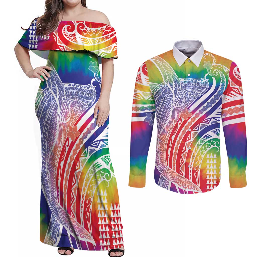 Aloha Pride Rainbow Tie Dye Couples Matching Off Shoulder Maxi Dress and Long Sleeve Button Shirt Humpback Whale - Love is Love LT7 Colorful - Polynesian Pride