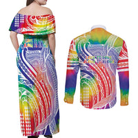 Aloha Pride Rainbow Tie Dye Couples Matching Off Shoulder Maxi Dress and Long Sleeve Button Shirt Humpback Whale - Love is Love