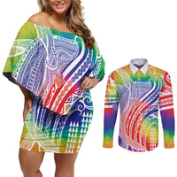 Aloha Pride Rainbow Tie Dye Couples Matching Off Shoulder Short Dress and Long Sleeve Button Shirt Humpback Whale - Love is Love LT7 Colorful - Polynesian Pride